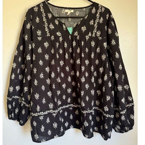 NEW Maurices Womens 100% Cotton Black Floral Peasant Blouse sz XXL Boho Cottage - Picture 4 of 10
